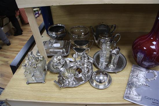 A silver sugar coaster, a specimen vase, a tortoiseshell tray and a quantity of silver plated items